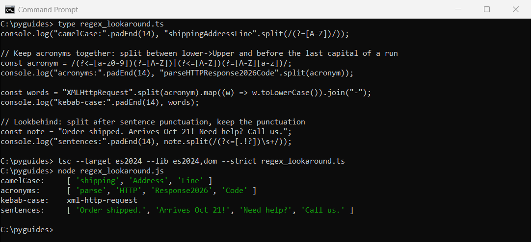 typescript split regex camelcase lookahead lookbehind command prompt Command Prompt output of TypeScript regex split for camelCase words, acronyms, kebab-case and sentences using lookahead and lookbehind