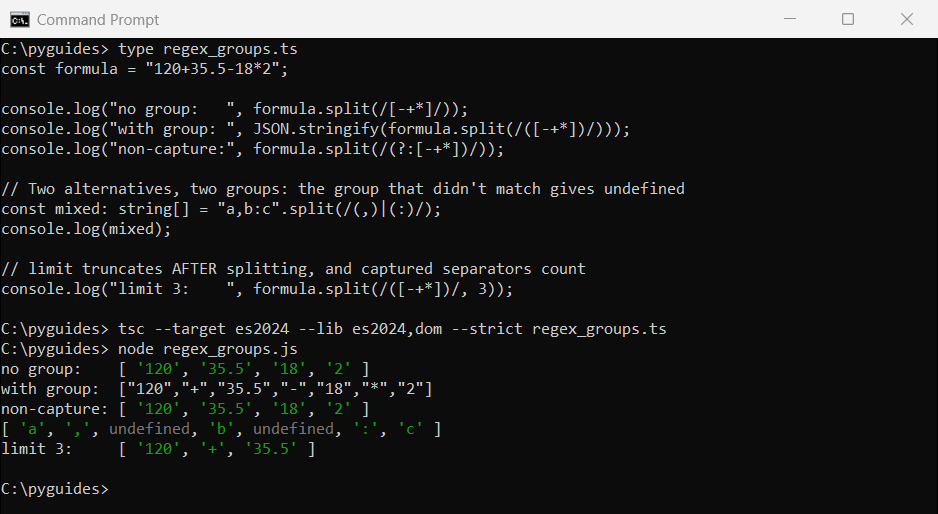 typescript split regex capture groups limit command prompt Command Prompt output of TypeScript split with a capture group keeping operators, undefined entries and a limit of 3
