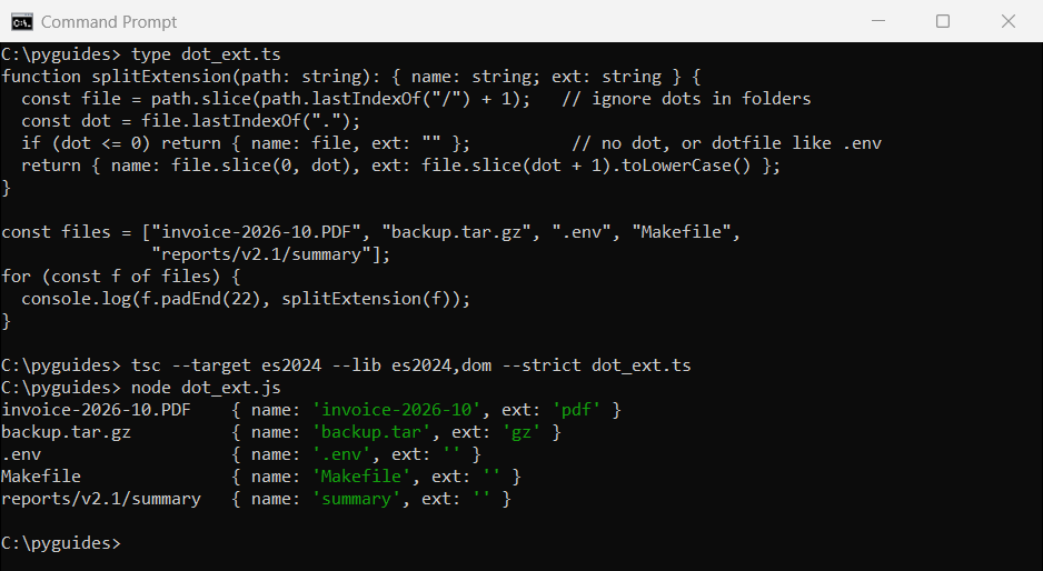 Command Prompt output of a TypeScript splitExtension function handling a PDF, tar.gz, .env, Makefile and a folder with a dot