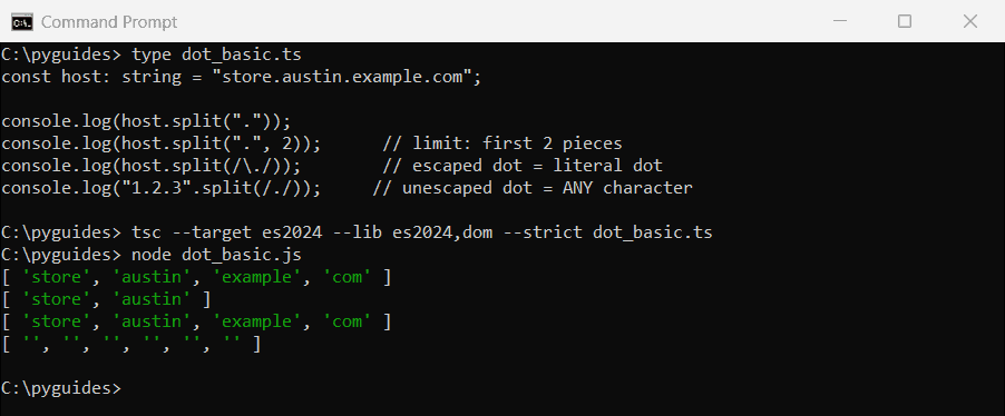Command Prompt output of TypeScript split by dot with a string, a limit, an escaped regex and an unescaped regex that returns empty strings