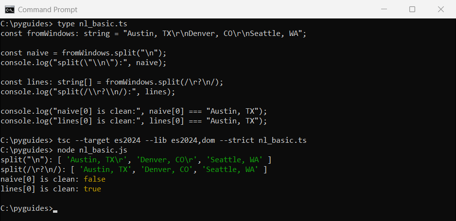 Command Prompt output of TypeScript splitting a CRLF string with split of backslash n versus the regex backslash r optional backslash n