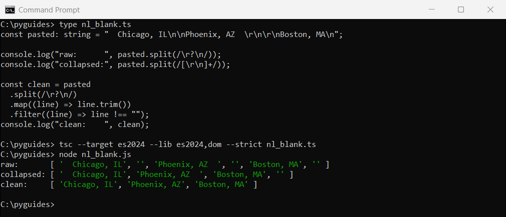 Command Prompt output of TypeScript splitting pasted text by new line, collapsing blank lines and trimming with map and filter