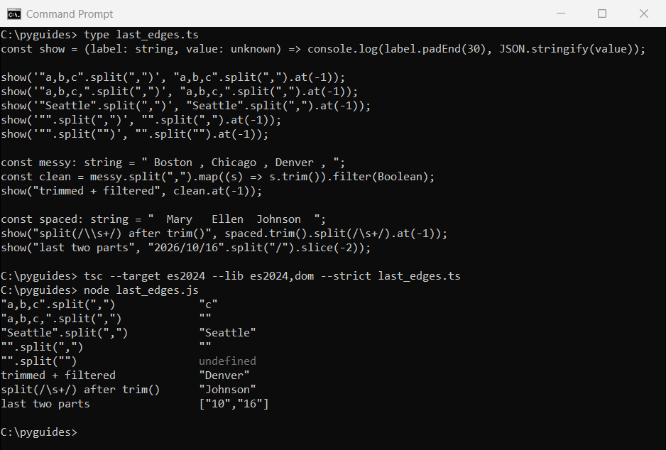 Command Prompt output of TypeScript split edge cases: trailing separator, empty string, no separator found, trimmed and filtered parts, and slice(-2)