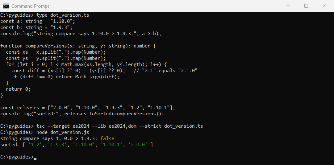 Command Prompt output of TypeScript comparing 1.10.0 and 1.9.3 as strings and as split numeric parts, then sorting release versions