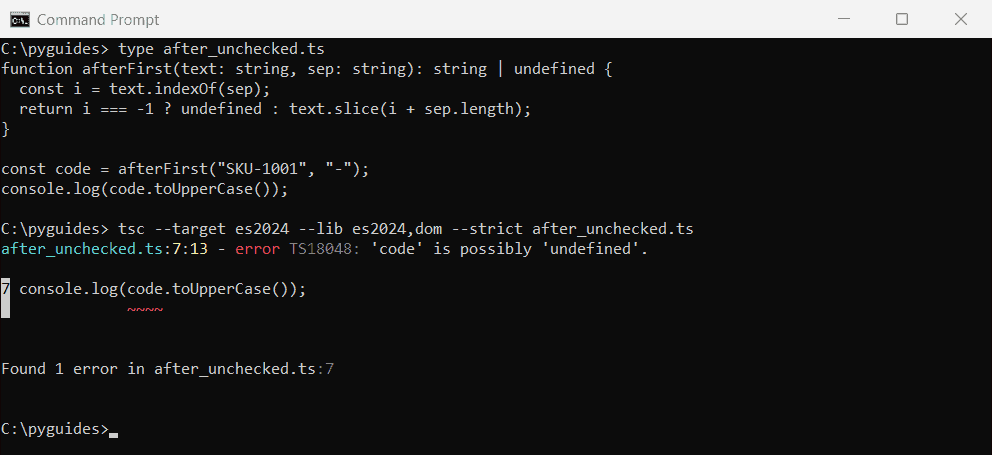 Command Prompt showing TypeScript error TS18048 'code' is possibly 'undefined' when using the result of an afterFirst helper