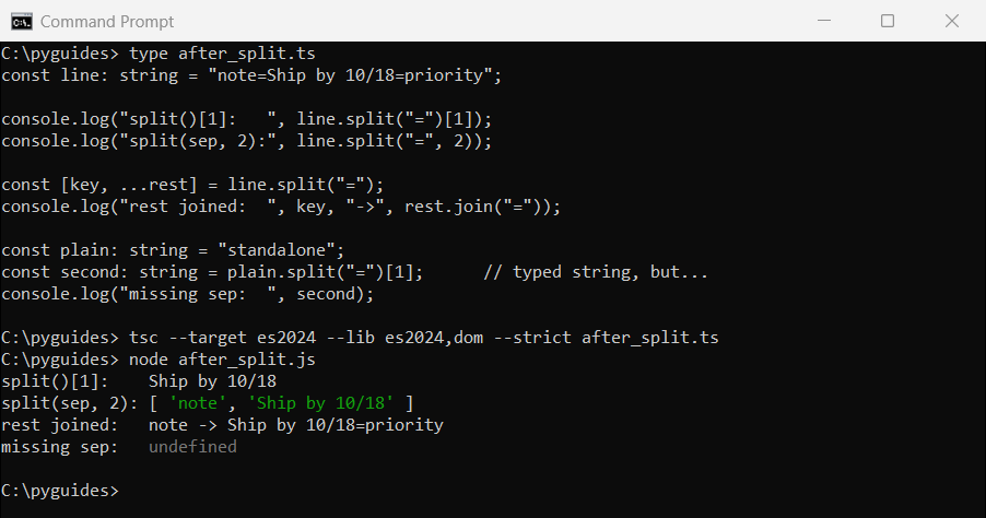Command Prompt output of TypeScript split showing index 1 and split with a limit both losing text after a second equals sign