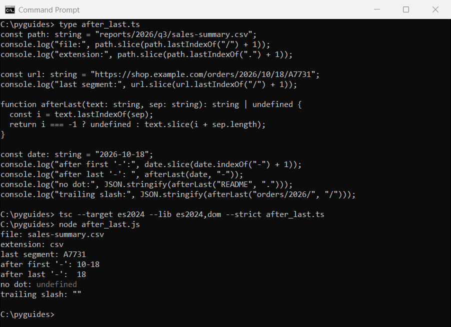 Command Prompt output of TypeScript lastIndexOf and slice returning a file name, extension, URL segment and missing-separator results