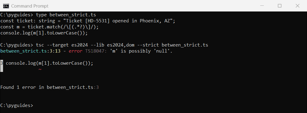 Command Prompt showing the TypeScript compiler error TS18047 'm' is possibly 'null' after match() on a string