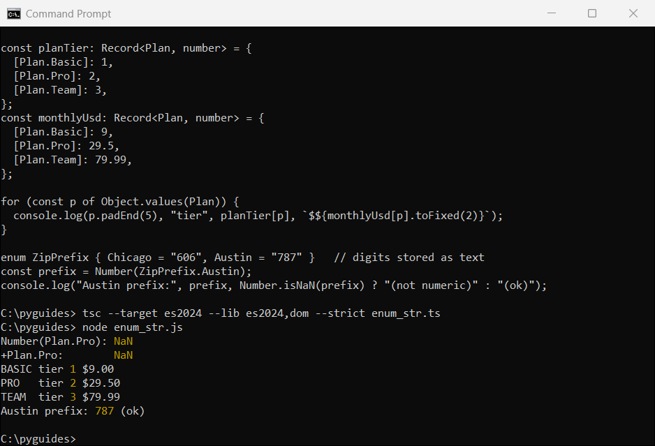 typescript string enum to number nan lookup map command prompt Command Prompt output of a TypeScript string enum giving NaN with Number(), then tier numbers and USD prices from a Record lookup map