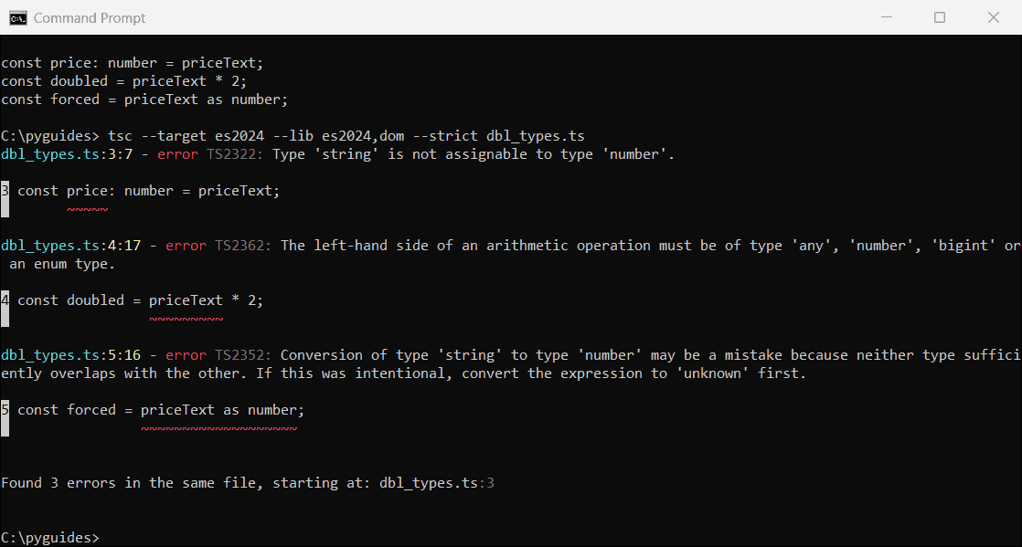 typescript string to double type string not assignable to number error command prompt Command Prompt showing TypeScript errors TS2322, TS2362 and TS2352 when a string is used as a number