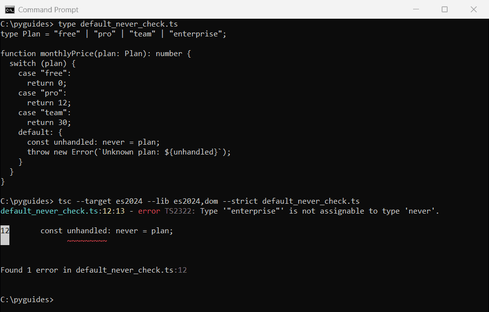 Command Prompt output of tsc error TS2322 Type enterprise is not assignable to type never in a TypeScript switch default case