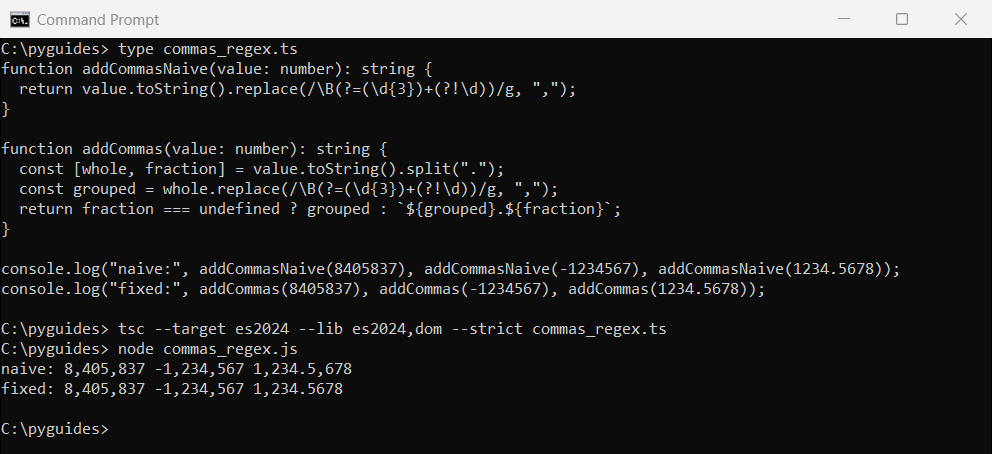 Command Prompt output of a TypeScript regex adding thousands separators, with the naive version wrongly grouping decimal digits