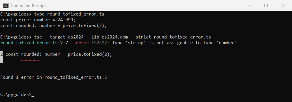typescript tofixed 2 decimals string not assignable to number error command prompt Command Prompt output of tsc error TS2322: Type string is not assignable to type number for TypeScript toFixed(2)