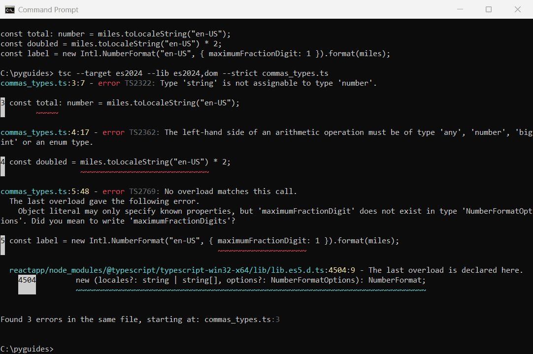 Command Prompt showing TypeScript errors TS2322, TS2362 and TS2769 when using a toLocaleString string as a number