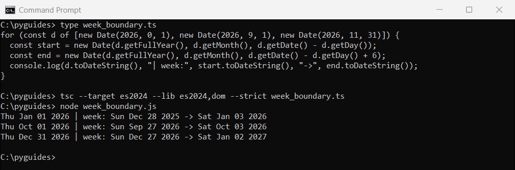 Command Prompt output of TypeScript week start and end dates crossing from December 2025 into January 2026