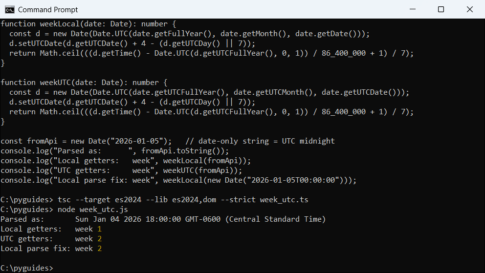 Command Prompt output of TypeScript week numbers for a UTC date string read with local and UTC getters