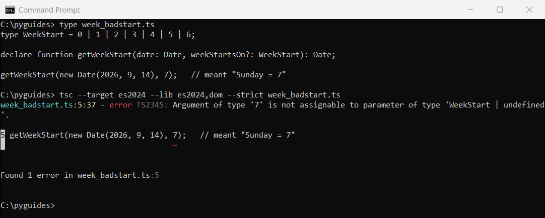 Command Prompt showing TypeScript error TS2345: argument of type 7 is not assignable to parameter of type WeekStart