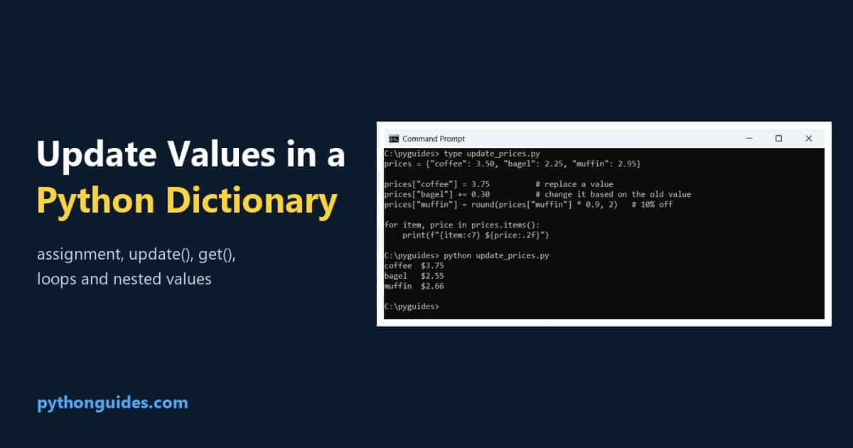 update values in a python dictionary Update values in a Python dictionary: Command Prompt output of new prices after assignment