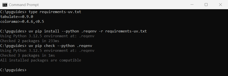 Command Prompt output of uv pip install -r requirements.txt auditing packages already installed in a virtual environment