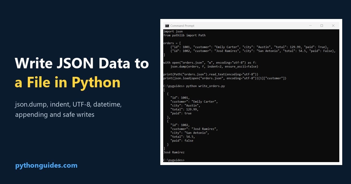 Python write JSON to file: Command Prompt output of json.dump writing an indented orders.json file